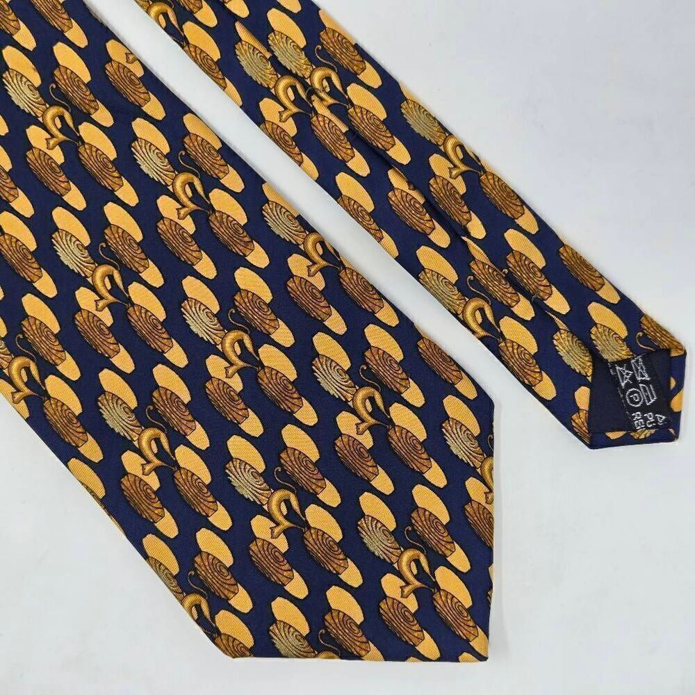 LANVIN PARIS SILK TIE BLUE GOLD GEOMETRIC CAT PATTERN SMOOTH 4" X 57"
